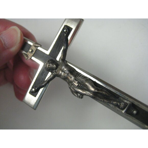 Vintage Metal Crucifix Pendant Christ Figure Silver Cross Inlay Ebony Wood Steel - Picture 4 of 5